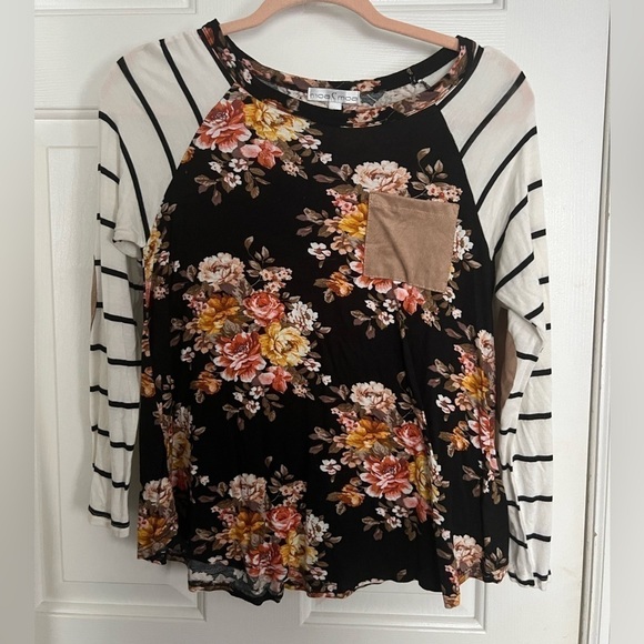 Moa Moa Contrasting Strip Floral 3/4 Sleeve With Pocket And Padded Elbows Size L - Picture 1 of 4